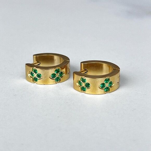 New! “Clara” Green Flower Studded Hoop Earrings - Picture 1 of 3